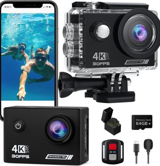 Action Camera 4K30fps with 64G SD Card,HD Waterproof Camera 131ft Underwater Cameras 20MP Pre-recording WiFi Camera 170° Remote Control Sports Cameras with 2 Batteries Helmet Mount Accessories Kits