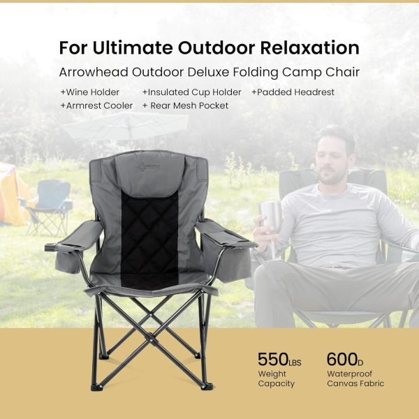 ARROWHEAD OUTDOOR Portable Folding Camping Quad Chair w/ 6-Can Cooler, Cup & Wine Glass Holders, Heavy-Duty Carrying Bag, Padded Armrests, Headrest & Seat, Supports up to 550lbs, USA-Based Support - Image 4