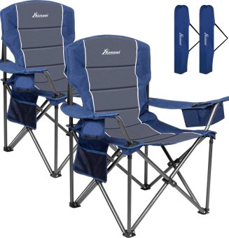 Romswi Oversized Camping Chairs,Heavy Duty Support 500 LBS,Padded Back & Arm Sport Chairs, Cup Holder Cooler Bag, Collapsible Folding Chairs for Outdoor, Fishing & Garden, Blue,2-Pack