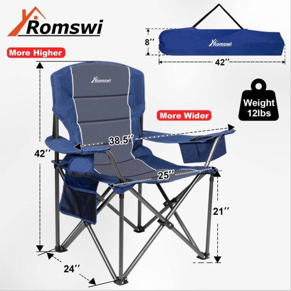 Romswi Oversized Camping Chairs,Heavy Duty Support 500 LBS,Padded Back & Arm Sport Chairs, Cup Holder Cooler Bag, Collapsible Folding Chairs for Outdoor, Fishing & Garden, Blue,2-Pack - Image 2