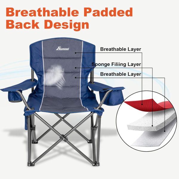 Romswi Oversized Camping Chairs,Heavy Duty Support 500 LBS,Padded Back & Arm Sport Chairs, Cup Holder Cooler Bag, Collapsible Folding Chairs for Outdoor, Fishing & Garden, Blue,2-Pack - Image 3