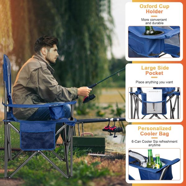 Romswi Oversized Camping Chairs,Heavy Duty Support 500 LBS,Padded Back & Arm Sport Chairs, Cup Holder Cooler Bag, Collapsible Folding Chairs for Outdoor, Fishing & Garden, Blue,2-Pack - Image 4
