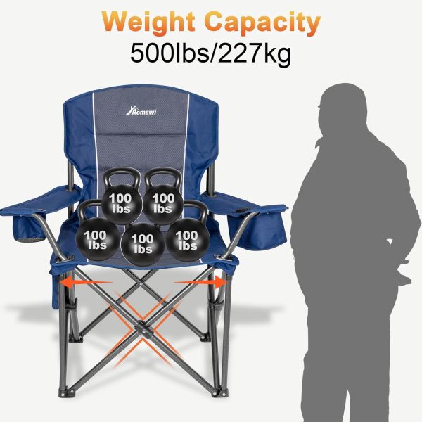 Romswi Oversized Camping Chairs,Heavy Duty Support 500 LBS,Padded Back & Arm Sport Chairs, Cup Holder Cooler Bag, Collapsible Folding Chairs for Outdoor, Fishing & Garden, Blue,2-Pack - Image 5