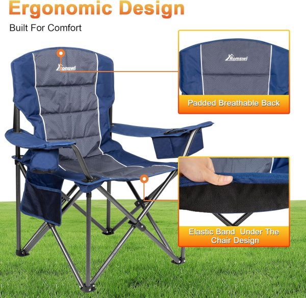 Romswi Oversized Camping Chairs,Heavy Duty Support 500 LBS,Padded Back & Arm Sport Chairs, Cup Holder Cooler Bag, Collapsible Folding Chairs for Outdoor, Fishing & Garden, Blue,2-Pack - Image 6